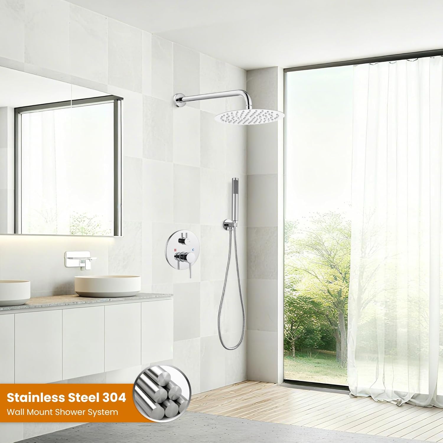 gotonovo Shower System 10 Inch Round Rainfall Showerhead Wall Mounted High Pressure Shower Faucet Set Fixture Combo with Rough in Valve and Cylindrical Handheld Spray, Polish Chrome