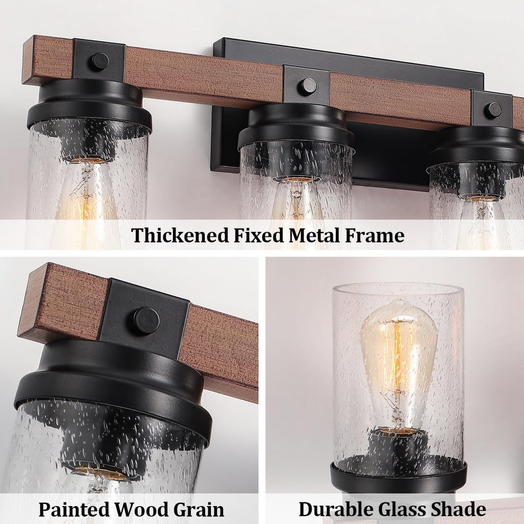 4-Lights Farmhouse Bathroom Vanity Light, Rustic Wood Bathroom Light Fixtures Over Mirror Antique Black Vanity Light with Clear Glass Shade, Farmhouse Wall Sconces Lighting