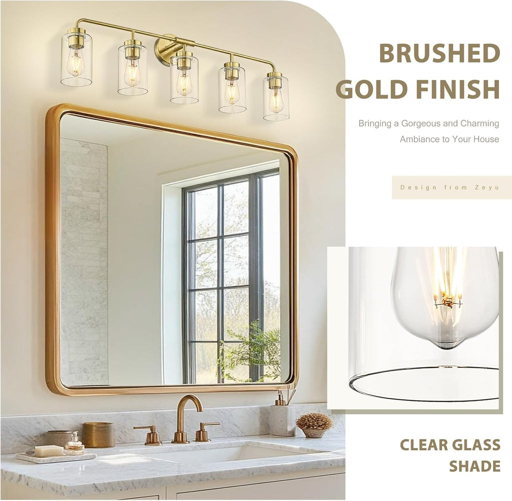 zeyu 5 Light Sconces Wall Lighting, 37 Inch Bathroom Vanity Light Fixtures, Brushed Gold Finish, Clear Glass Shade, ZS62B-5W BG