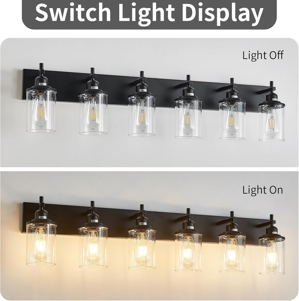 Lanhall 6-Light Black Bathroom Light Fixture Over Mirror Modern Farmhouse Bathroom Vanity Light Vintage Wall Lighting with Clear Glass Shade for Bathroom, Bedroom, Hallway, Cabinet