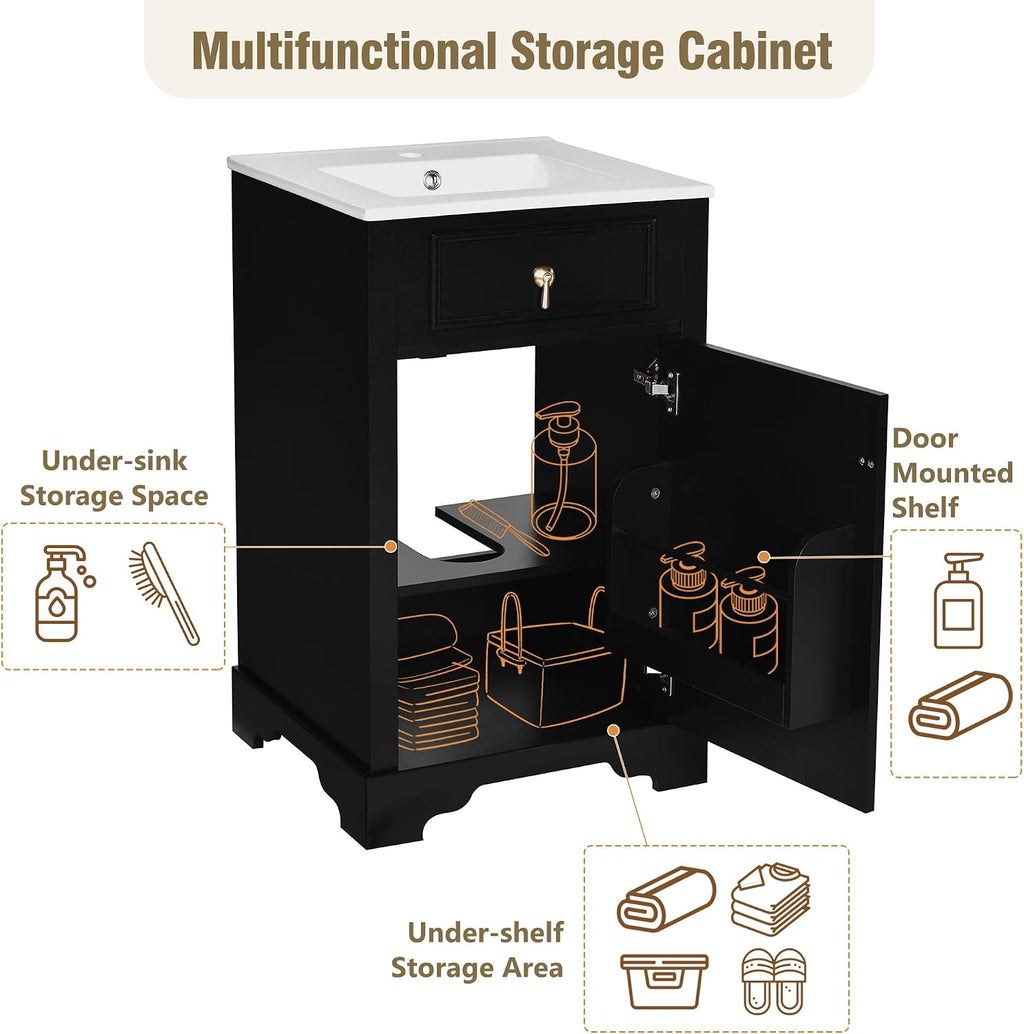 20' Bathroom Vanity with Sink, Harper & Bright Designs Free Standing Single Basin Vanity Set with Soft Close Door & Adjustable Shelf, Solid Wood Bathroom Cabinet with Ceramic Basin for Bathroom, Black