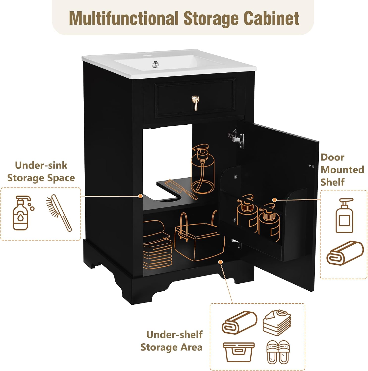 20' Bathroom Vanity with Sink, Harper & Bright Designs Free Standing Single Basin Vanity Set with Soft Close Door & Adjustable Shelf, Solid Wood Bathroom Cabinet with Ceramic Basin for Bathroom, Black