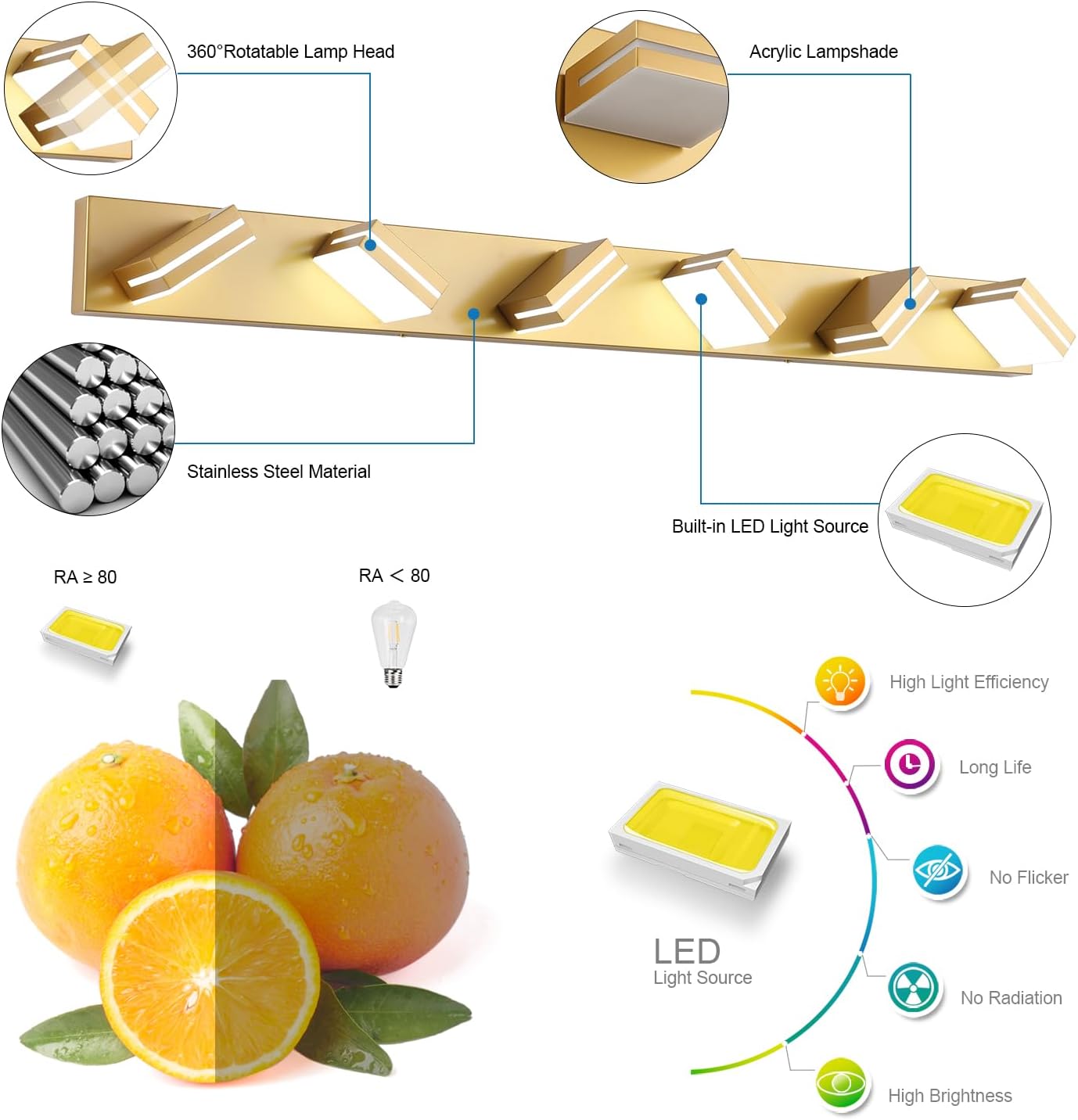 SineRise LED Modern Bathroom Vanity Light Fixtures (6-Light, 48-Inch, Dimmable), Matte Gold Modern Acrylic Bathroom Wall Lighting Fixtures Over Mirror (Cool White 6000K)