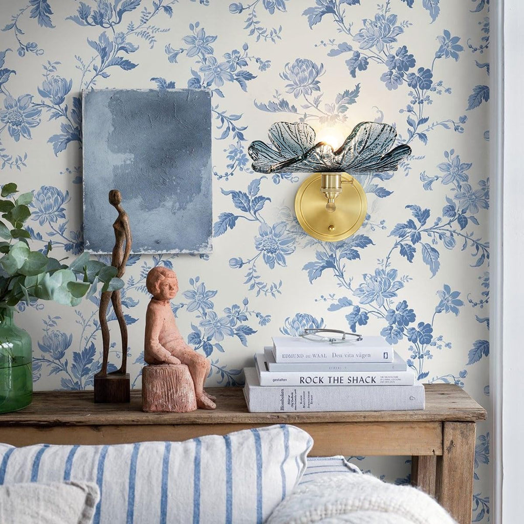 Vintage Wall Sconces Set of 2 Blue Flower Glass Shade Gold Brass Base Bathroom Vanity Lights Over Mirror Mid Century Modern Wall Lighting Fixtures for Bedroom Hallway Living Room