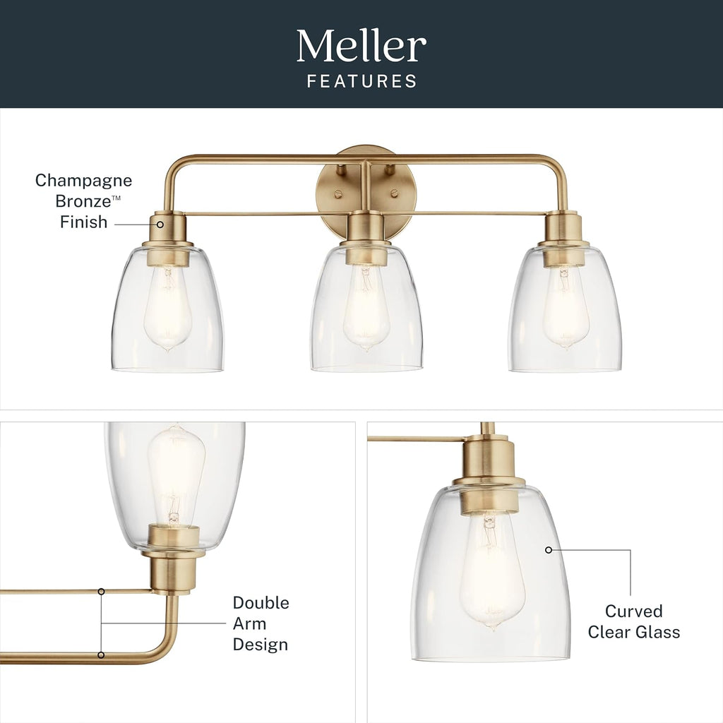 Kichler Meller 24.25' 3-Light Bathroom Vanity Light Fixture with Clear Glass Shades in Champagne Bronze for Mirror or Powder Room (24.25' W x 11.25' H x 7' D) 55102CPZ