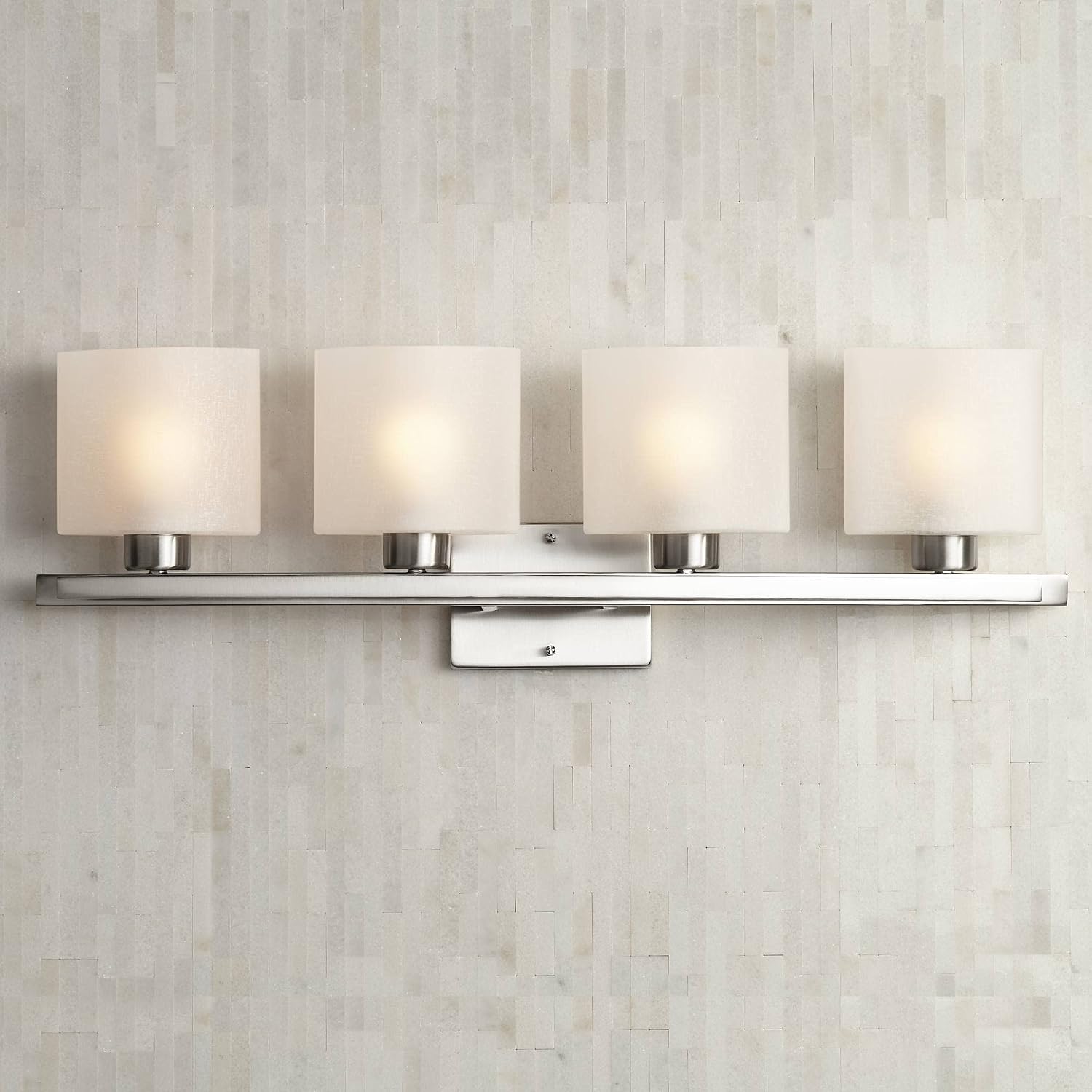 Possini Euro Design Modern Wall Mount Light Brushed Nickel Silver Hardwired 32' Wide 4-Light Fixture Curved Frame White Linen Glass Shade for Bedroom Bathroom Vanity Reading Living Room Hallway