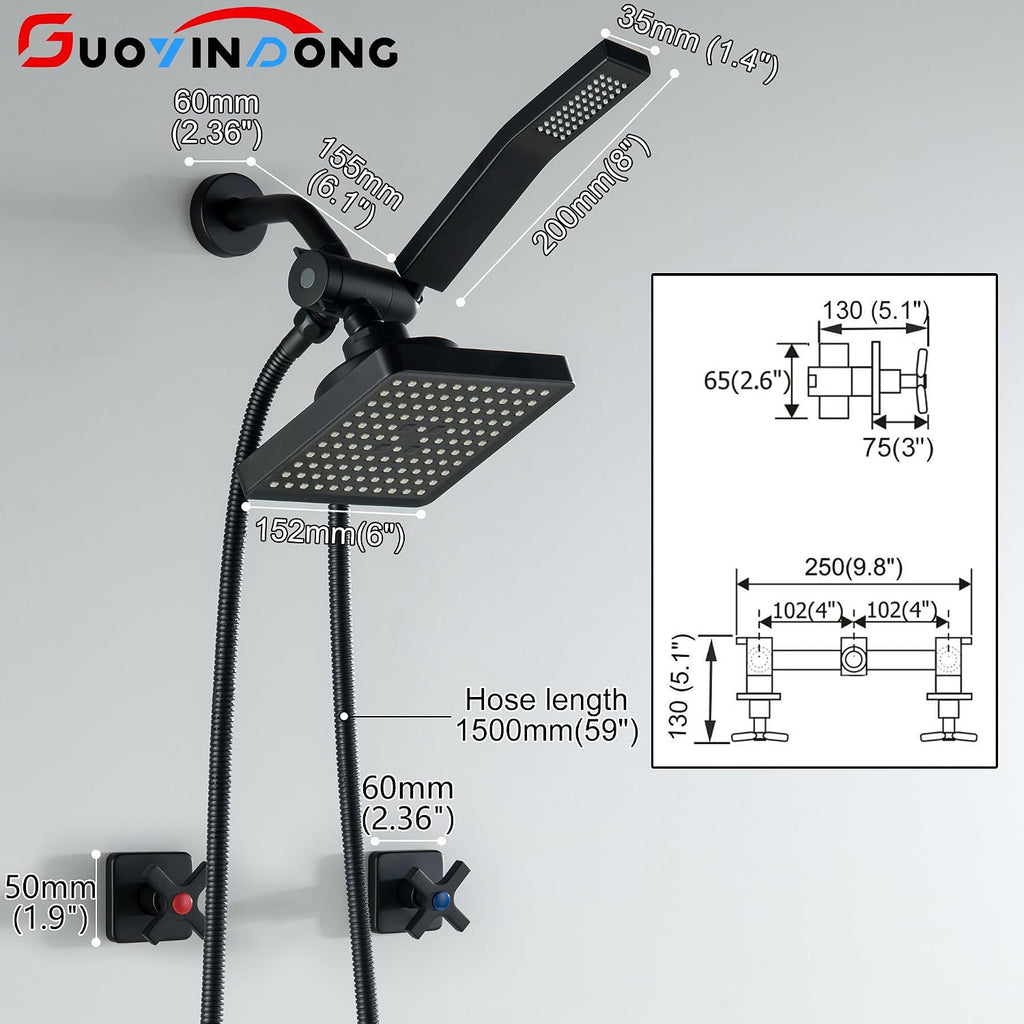 2 Handle Shower Faucet set, Matte Black Two Handle Shower Faucets Sets Complete 2 Knob Shower Faucet and Hand Shower