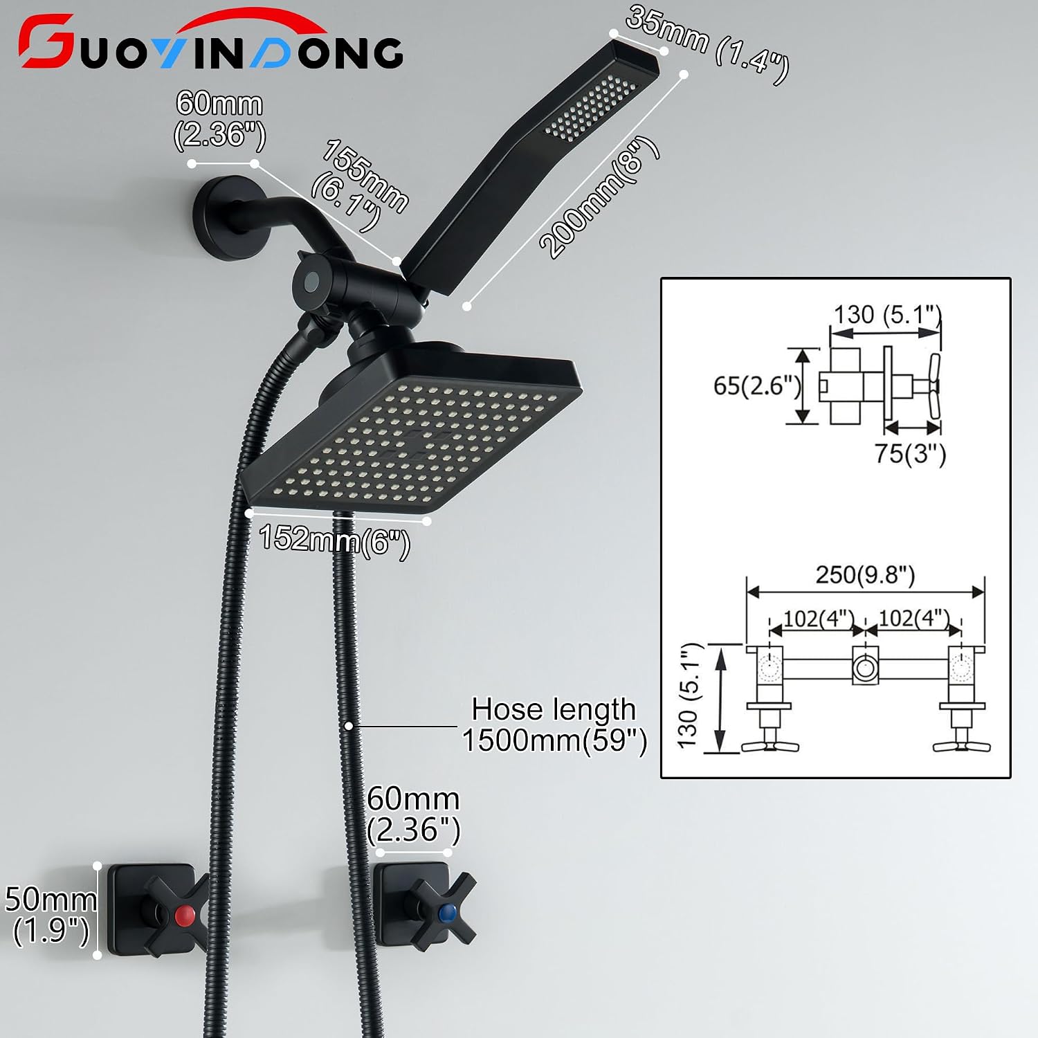2 Handle Shower Faucet set, Matte Black Two Handle Shower Faucets Sets Complete 2 Knob Shower Faucet and Hand Shower