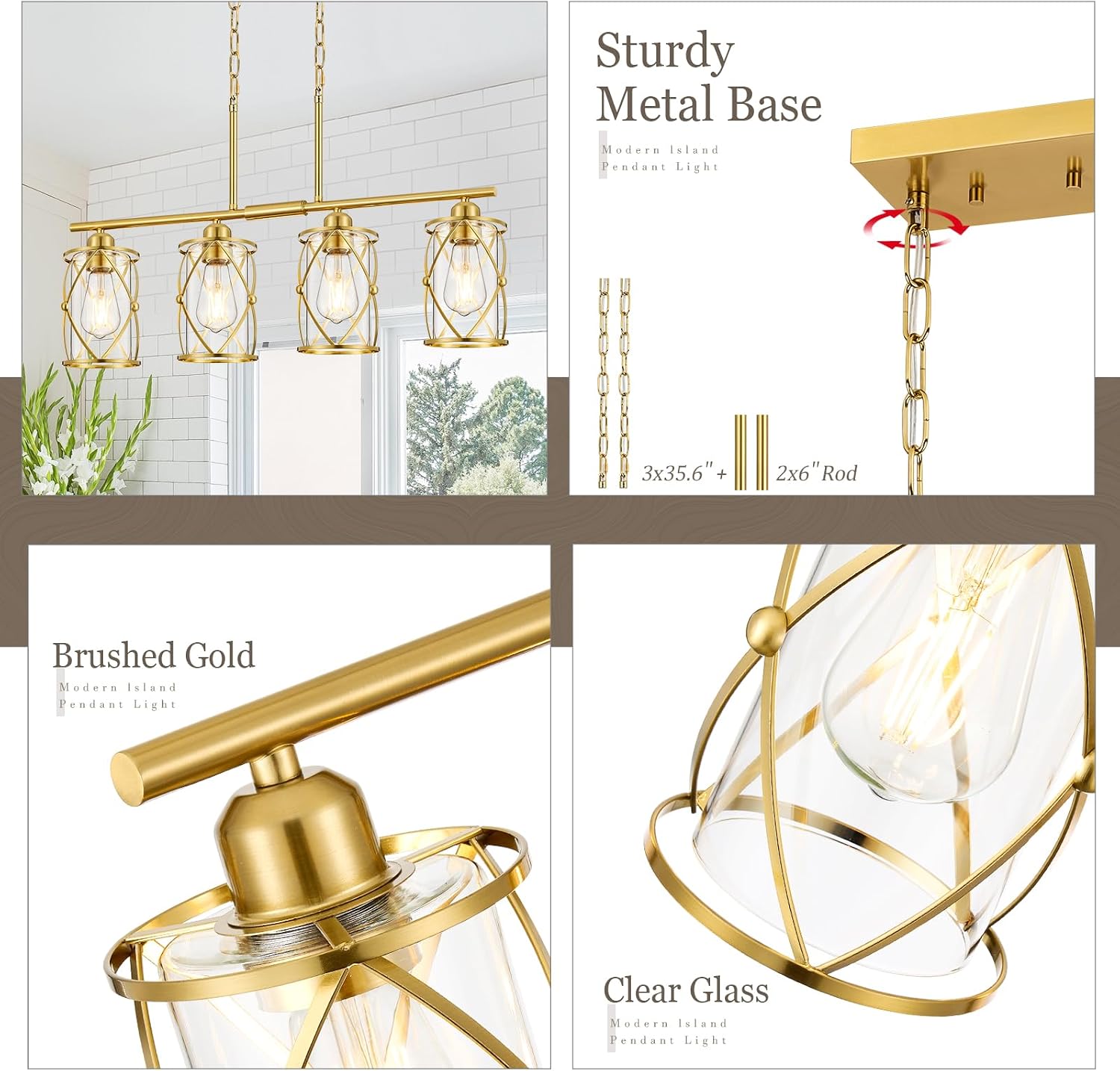 4-Light Kitchen Island Lighting, Modern Brushed Gold Dining Room Light Fixtures with Clear Glass, Farmhouse Industrial Linear Chandelier Pendant Light with Adjustable Chain, CH9176BG-4IS