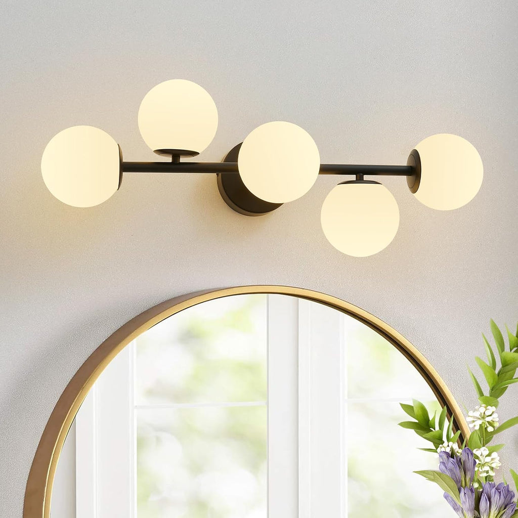Black LED Bathroom Vanity Light: 5 Lights Mid Century Modern Milk White Glass Globe Vanity Light Fixture over Mirror - Unique Dimmable Hardwired Matte Black Bath Room Makeup Globe Wall Sconce Lighting