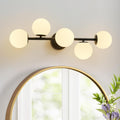Black LED Bathroom Vanity Light: 5 Lights Mid Century Modern Milk White Glass Globe Vanity Light Fixture over Mirror - Unique Dimmable Hardwired Matte Black Bath Room Makeup Globe Wall Sconce Lighting