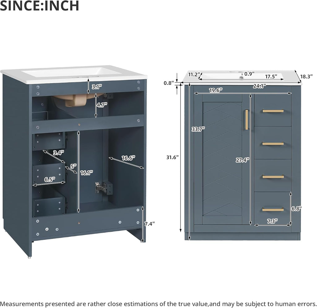 24 Inch Dark Blue Bathroom Vanity with Sink & Integrated Countertop,Modern Freestanding Bathroom Vanity with Single Sink,Gold Handles & Right Hand 3 Drawers,Soft Closing Door,Herringbone Front