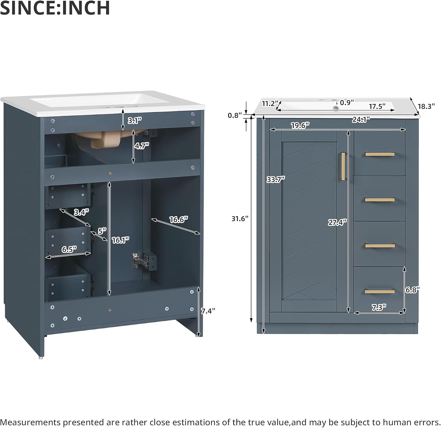 24 Inch Dark Blue Bathroom Vanity with Sink & Integrated Countertop,Modern Freestanding Bathroom Vanity with Single Sink,Gold Handles & Right Hand 3 Drawers,Soft Closing Door,Herringbone Front
