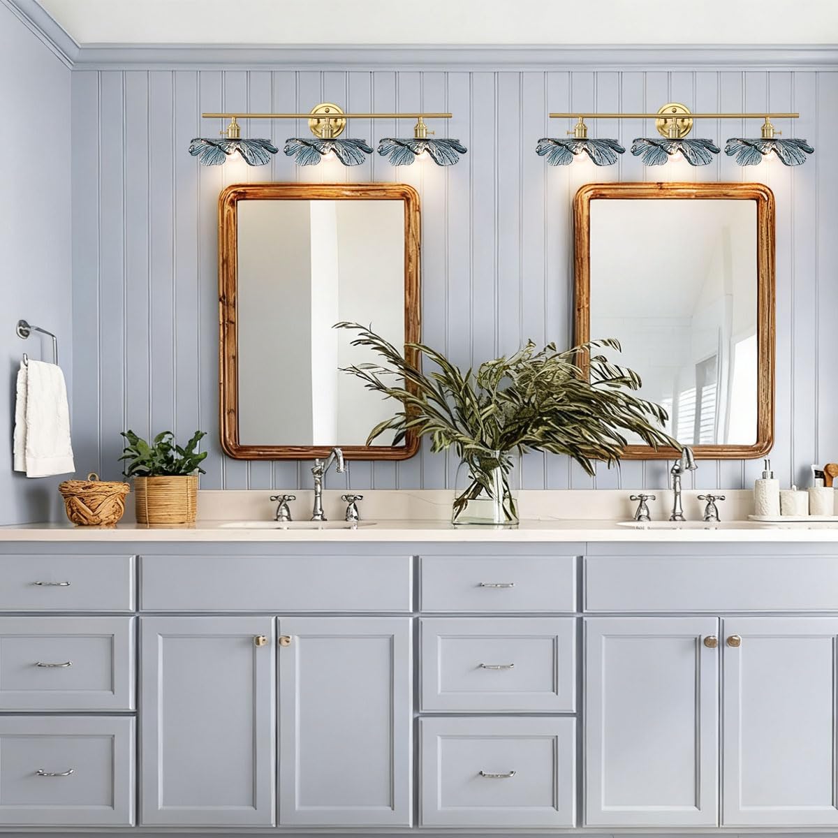 Vintage Bathroom lighting fixtures Gold Brass Bathroom Vanity Light 3-Light Modern Wall Sconce Indoor Wall Light with Blue Glass flower Shade Mid Century Wall Lighting for Bedroom Hallway Living Room