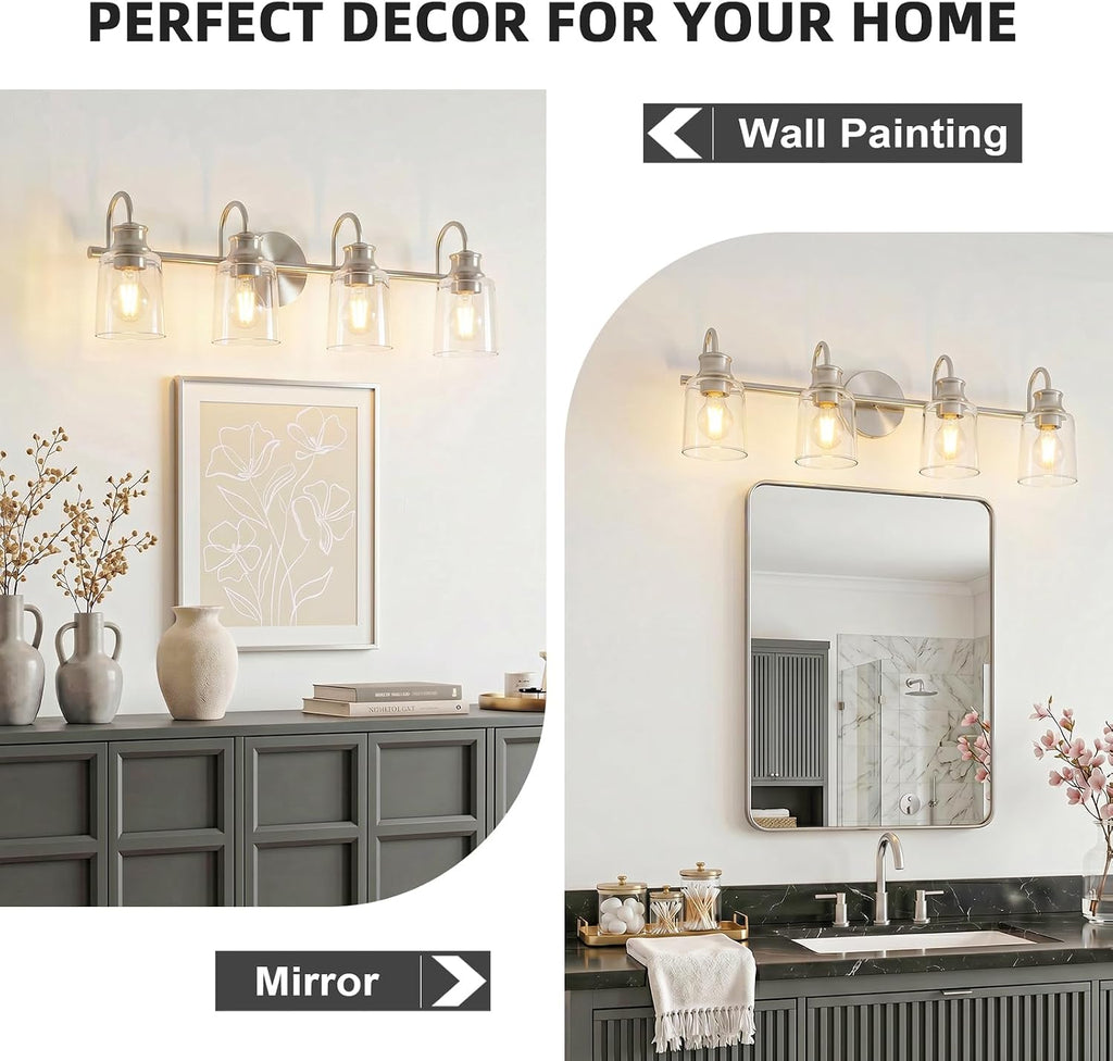 4 Lights Bathroom Light Fixtures Modern Brushed Nickel Vanity Lights for Bathroom Lighting Fixtures Over Mirror with Clear Glass Shade for Cabinet Mirror Bedroom Hallway