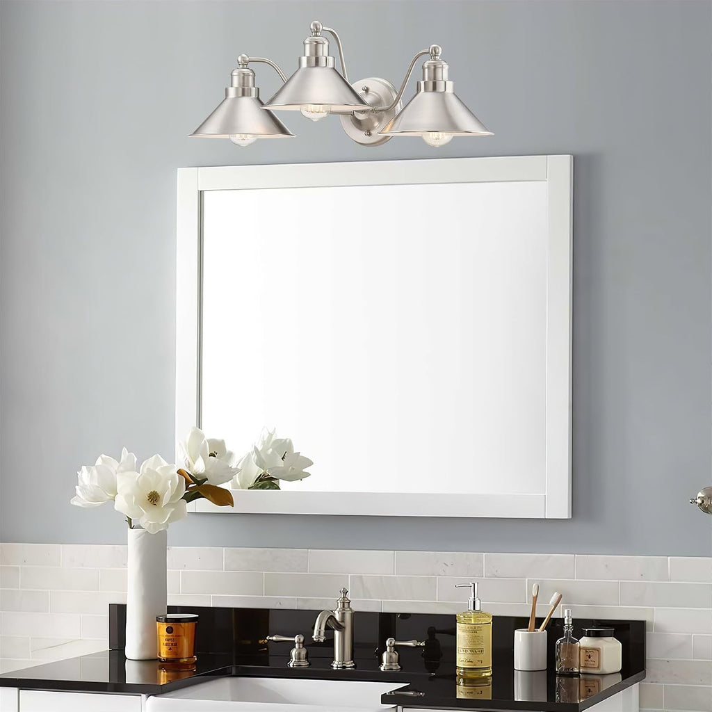 Kira Home Welton 25.5' 3-Light Modern Farmhouse Vanity Light with Funnel Shades, Industrial Silver Wall Sconce Bathroom Light, Brushed Nickel Finish