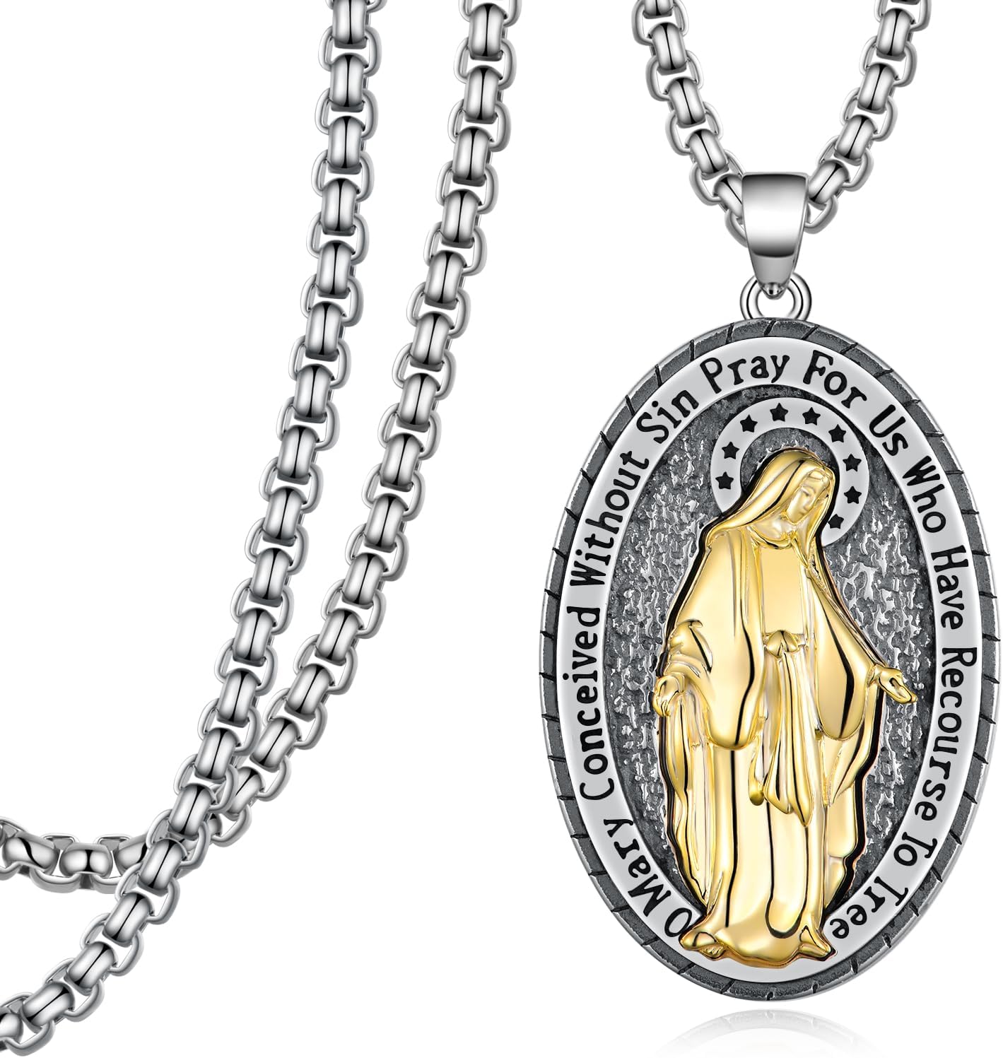 Virgin Mary Necklace for Men 925 Sterling Silver Plated 14K Yellow Gold Miraculous Medal Pendant Necklace Jewelry Gifts for Men Women 22' to 24' Chain