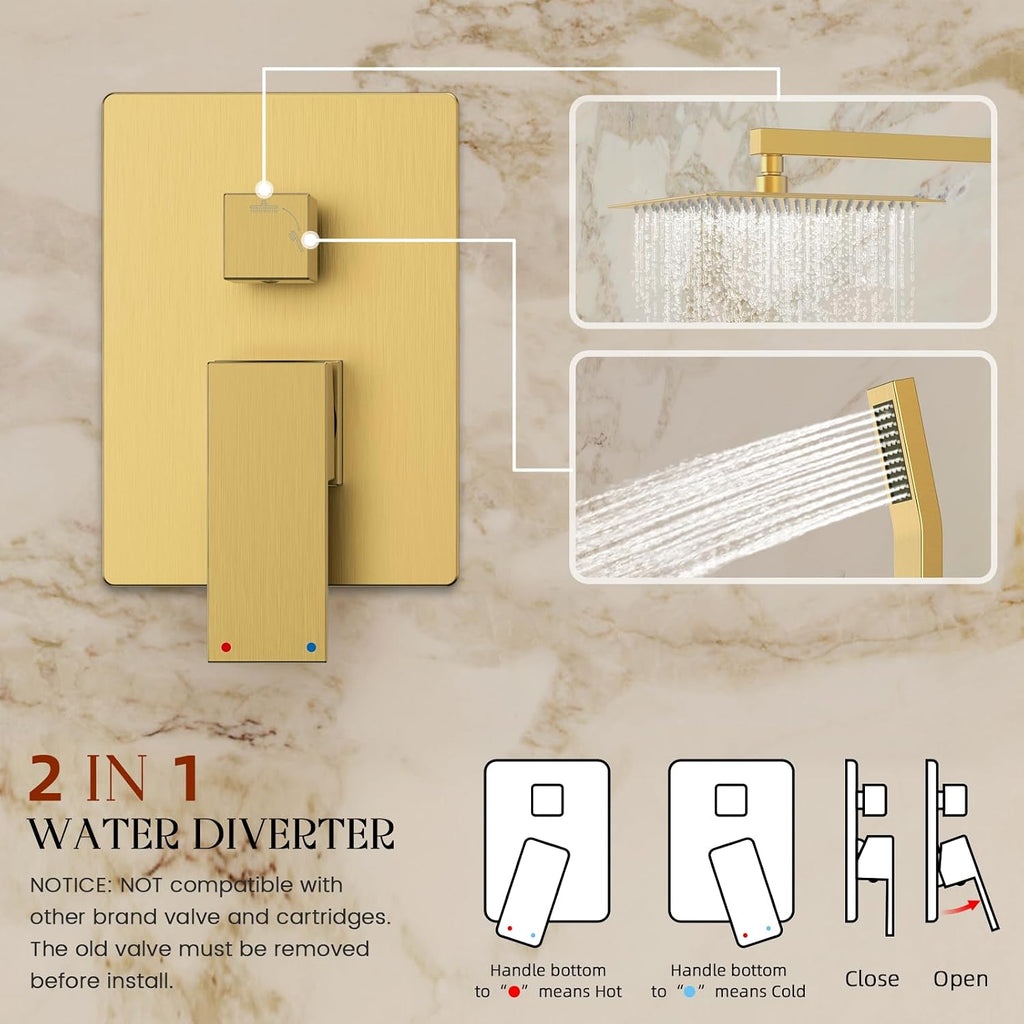 Longriver S200 Shower Faucet Set, Shower System Bathroom High Pressure 10 Inches Rainfall Shower Head with Handheld Spray, Wall Mounted Shower Fixtures with Shower Valve and Trim Kit, Brushed Gold