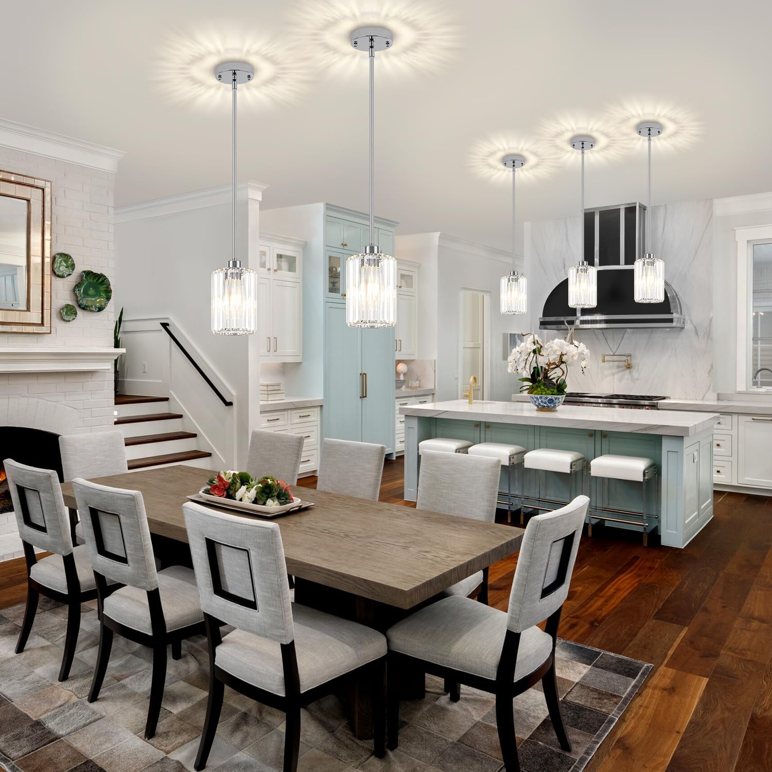 3 Pack Chrome Pendant Lights Kitchen Island, Modern Crystal Kitchen Pendant Lighting Over Island Adjustable Hanging Dining Room Light Fixtures Mini Pendant Light for Bathroom Hallway Bedroom Foyer
