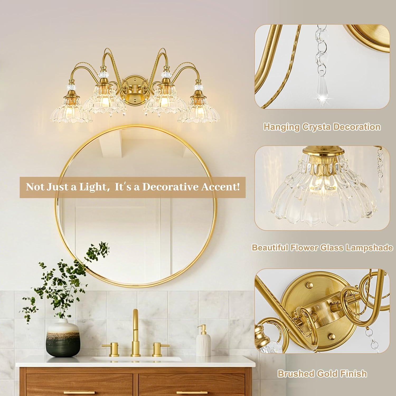 Vintage Bathroom Vanity Light, 4-Light Brushed Gold Finish Wall Sconce with Hanging Crystal Accents and Flower-Shaped Clear Glass Shades, Retro Wall Mount Vanity Light Over Mirror for Bathroom
