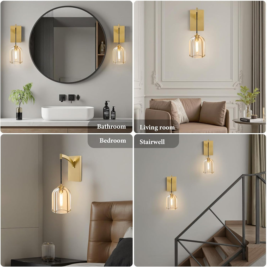 Crystal Brass Hemisphere Wall Sconce - Gold Brushed Dimmable Sconces with Bulbs - Modern Hanging Light Decor - Luxury Indoor Lighting Fixture for Bedroom Living Room Bathroom Vanity Hallway