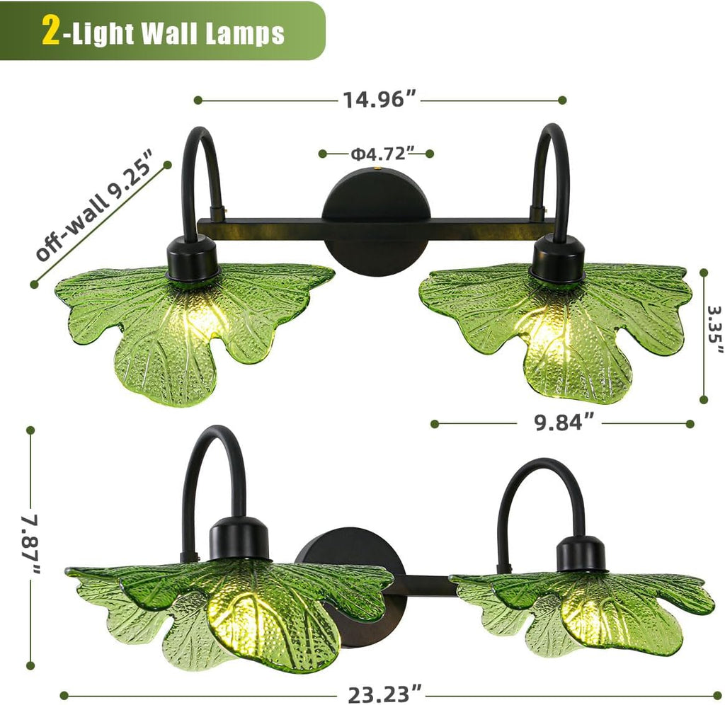 2-Light Vanity Light, Black Wall Sconce with Green Glass Shade, Vintage Bathroom Light Fixture for Over Mirror, Bedroom, Hallway, Living Room