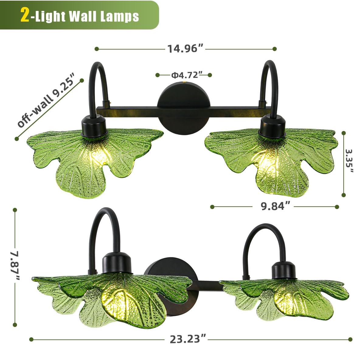 2-Light Vanity Light, Black Wall Sconce with Green Glass Shade, Vintage Bathroom Light Fixture for Over Mirror, Bedroom, Hallway, Living Room