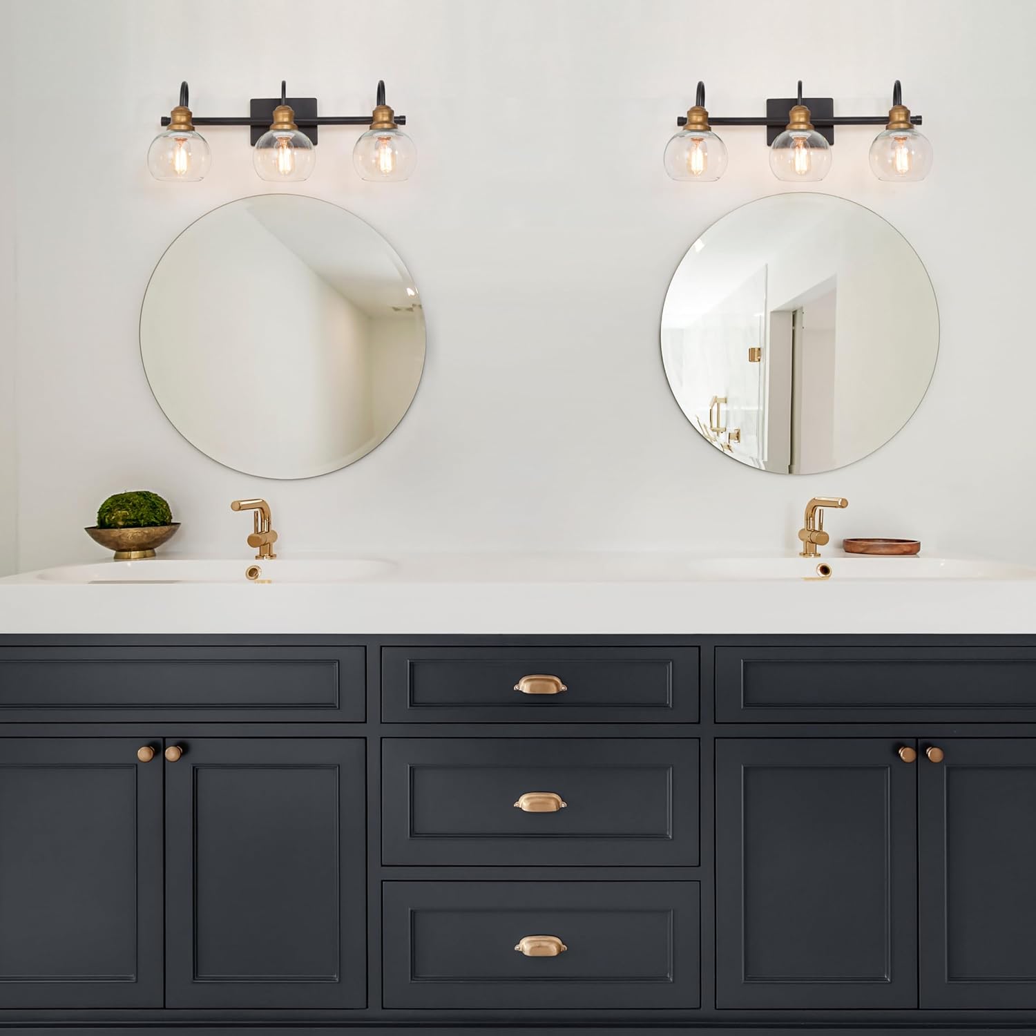 KSANA Farmhouse Bathroom Light Fixture, Modern Black Gold 3-Light Vanity Light with Opening Clear Glass Shade, Modern Antique Brass Wall Lamp Over Mirror