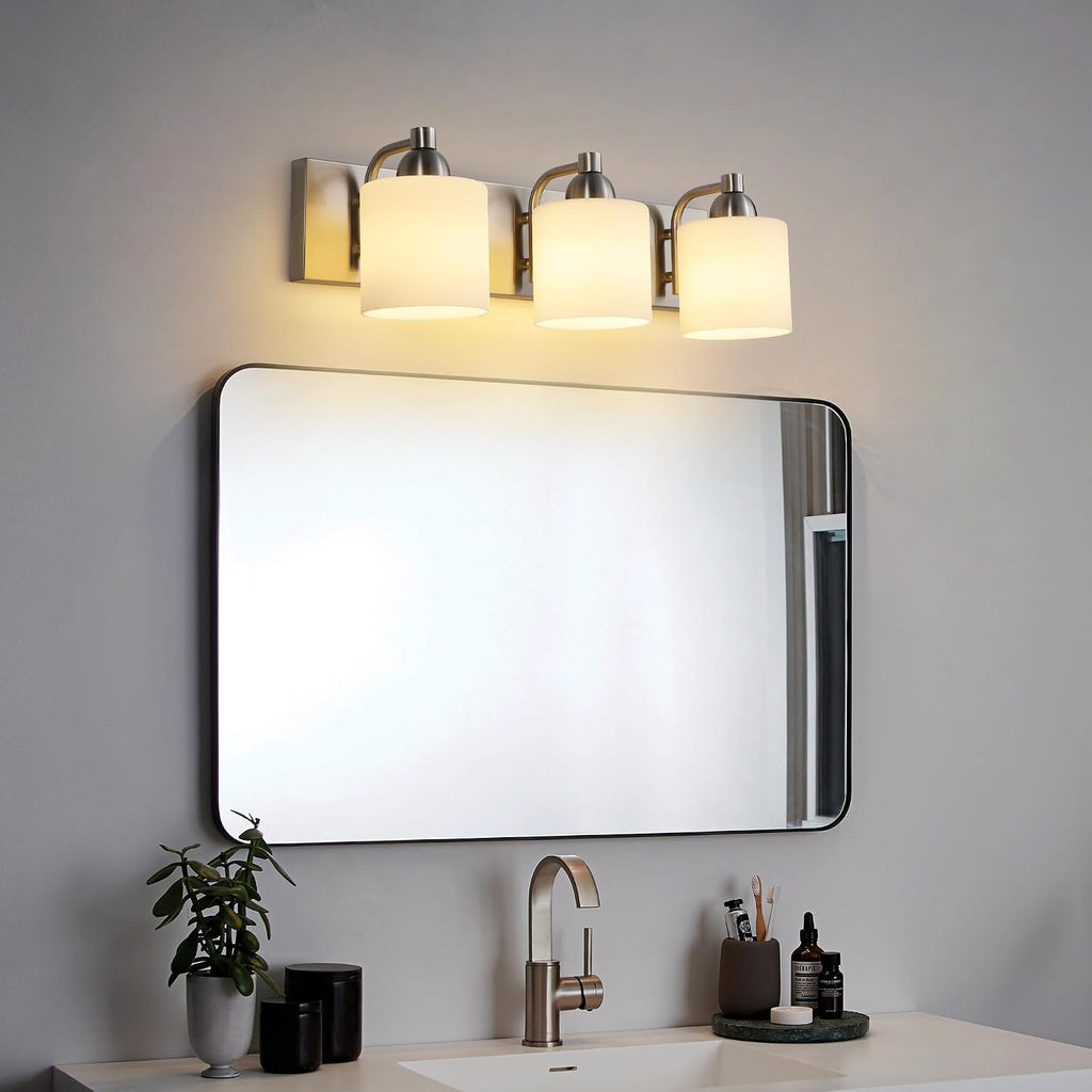 Mecgirn Stainless Steel Milk Glass Bathroom Vanity Light Over Mirror, 3 Light Brushed Nickel Bathroom Light Fixtures with Frosted Glass, Modern Vanity Lighting Wall Mount