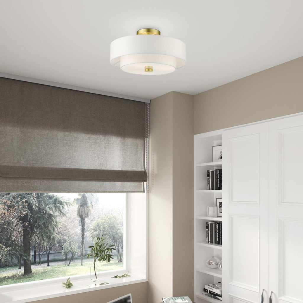 Livex Lighting 51044-12 Meridian Collection 3-Light Semi Flush Mount Ceiling Light with Off-White Hardback Fabric Shade, Satin Brass 15 x 15 x 8.25