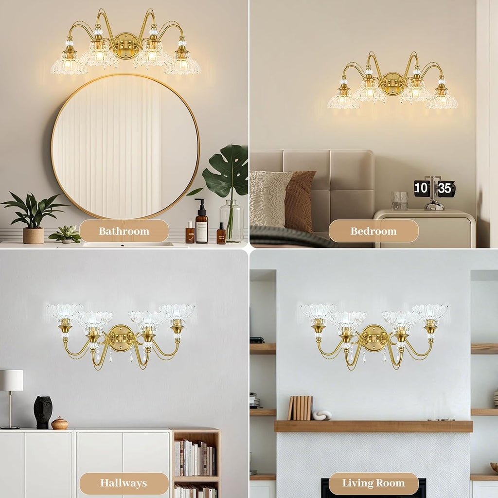Vintage Bathroom Vanity Light, 4-Light Brushed Gold Finish Wall Sconce with Hanging Crystal Accents and Flower-Shaped Clear Glass Shades, Retro Wall Mount Vanity Light Over Mirror for Bathroom