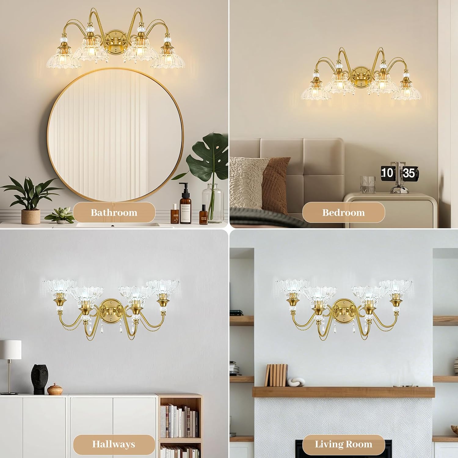 Vintage Bathroom Vanity Light, 4-Light Brushed Gold Finish Wall Sconce with Hanging Crystal Accents and Flower-Shaped Clear Glass Shades, Retro Wall Mount Vanity Light Over Mirror for Bathroom
