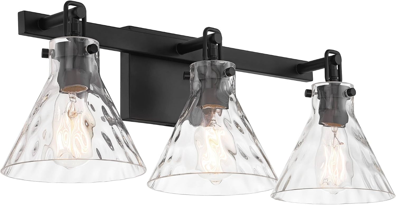 Possini Euro Design Ishii 26' High Modern 3 Light Bathroom Vanity Wall Lamp Light Fixture Mount Over The Sink Mirror Hardwired Cordless Matte Black Clear Glass Shade Indoor Entry-Way