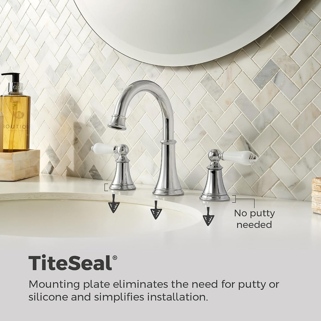 Pfister Courant 8 in Widespread 3 Hole Bathroom Sink Faucet 2 Handle Polished Chrome NSF Certified WaterSense Push & Seal Drain 360 Degree Swivel Spout LF049COPC