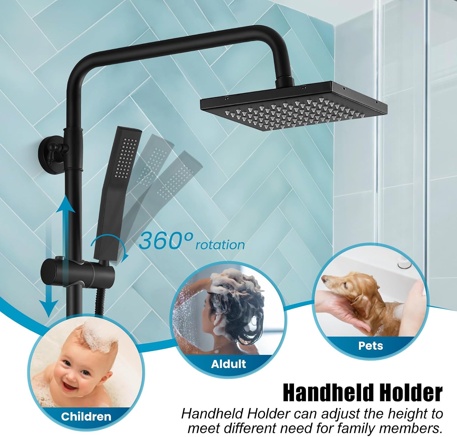 gotonovo Matte Black Exposed Shower Fixture Faucet Set Triple Function 8 Inch Rainfall Showerhead and Tub Spout Shower System Combo Unit, Small Curved Metal Handheld