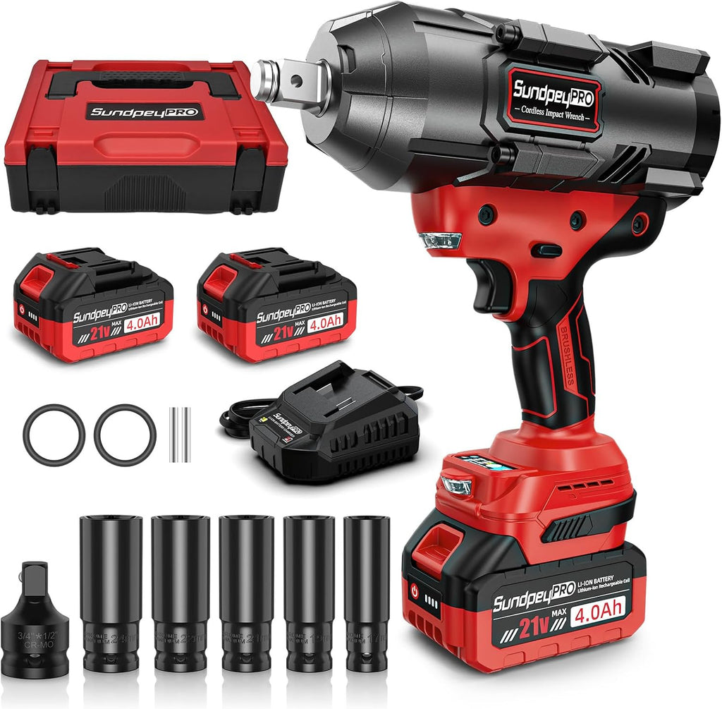 Cordless Impact Wrench 1600Ft-lbs - 2100N·m High Torque Impact Gun with 2 * 4.0Ah Battery - 3/4 Inch Brushless Impact Driver with 3/4' to 1/2' Adapter & 5 Sockets & Case for Car Truck Home