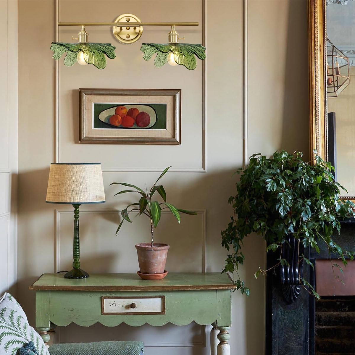 Green Bathroom Lighting Fixtures Over Mirror, Vintage Wall Sconces with Glass Shade Flower Vanity Lights Mid Century Wall Sconce Light Gold Wall Lighting for Bedroom Living Room Hallway