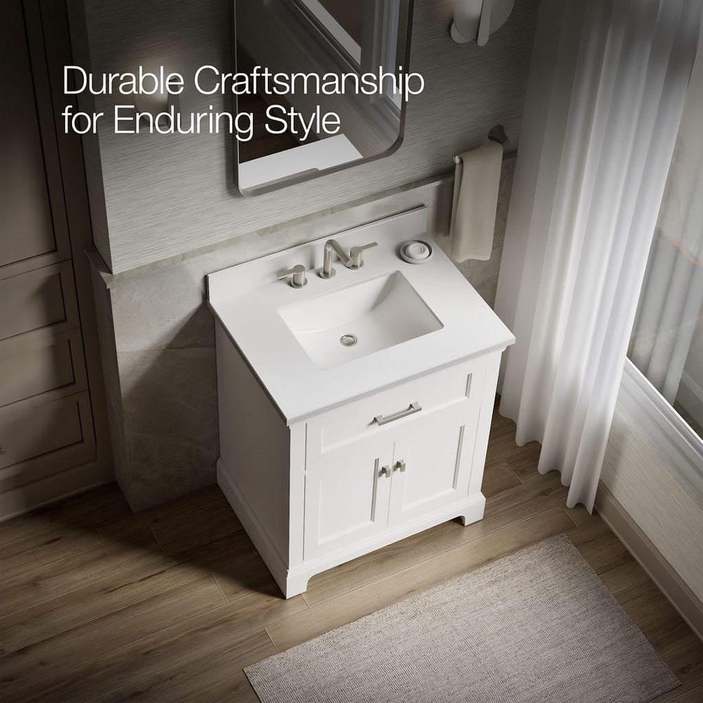 Kohler Charlemont 30' Bathroom Vanity Cabinet with White Sink and Quartz Top, Modern Bathroom Storage, White, K-29260-BD1-0