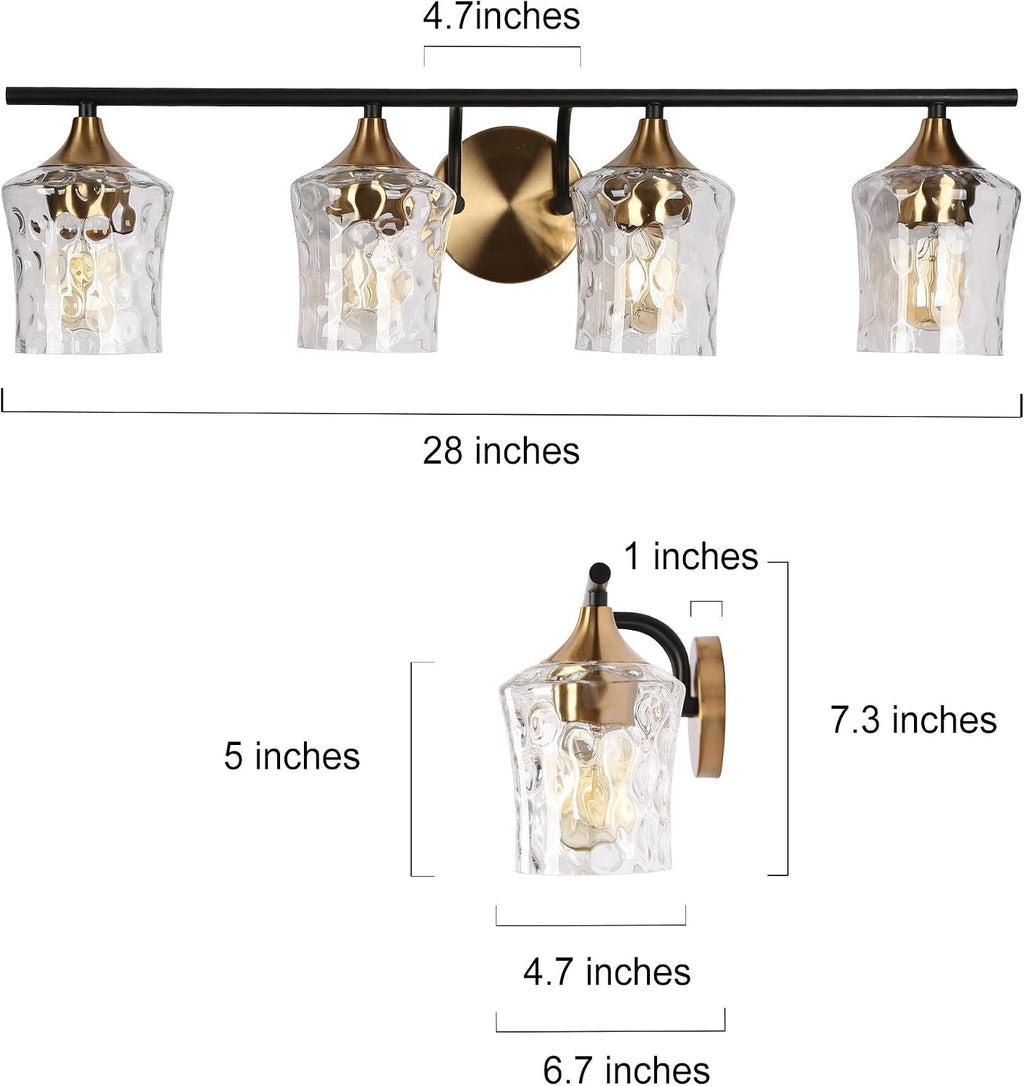 KSANA 28' Large Bathroom Vanity Lights, 4 Light Mid-Century Modern Vanity Light with Textured Glass Shade Black and Electroplated Brass Bathroom Light Fixtures for Hallway, Entryway
