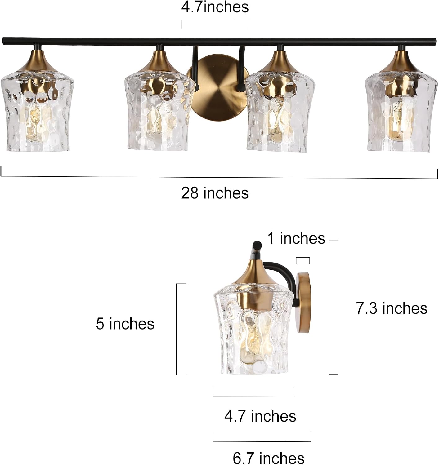 KSANA 28' Large Bathroom Vanity Lights, 4 Light Mid-Century Modern Vanity Light with Textured Glass Shade Black and Electroplated Brass Bathroom Light Fixtures for Hallway, Entryway