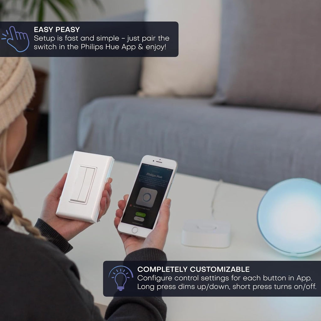 RunLessWire Click for Philips Hue – Battery-Free Wireless Smart Light Switch, 30ft Range – Works Natively with Philips Hue Bridge – Wall Mount Kinetic Switch - Decora Style, White 2 Pack