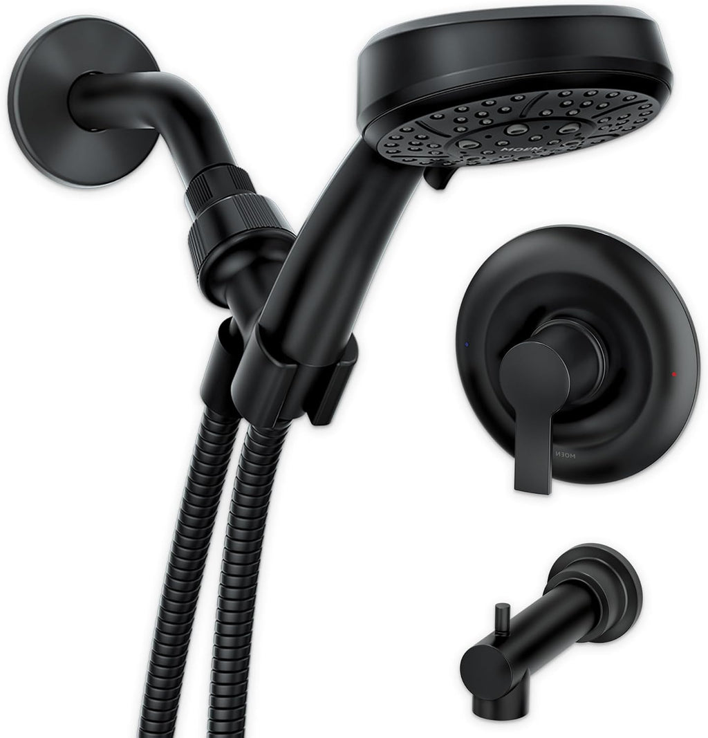 Moen Meena Matte Black Single Handle Modern Shower Faucet Set with Handshower and Tub Spout for Bathtub, Valve Included, 82618BL