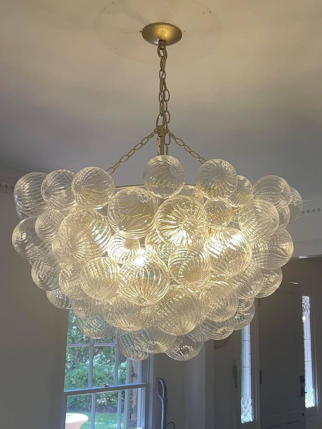 31' Gold 9-Light Bubble Chandelier | Swirled Clear Nordic Glass, Ribbed Glass Globe Pendant, Art Deco Cluster Ball Fixture