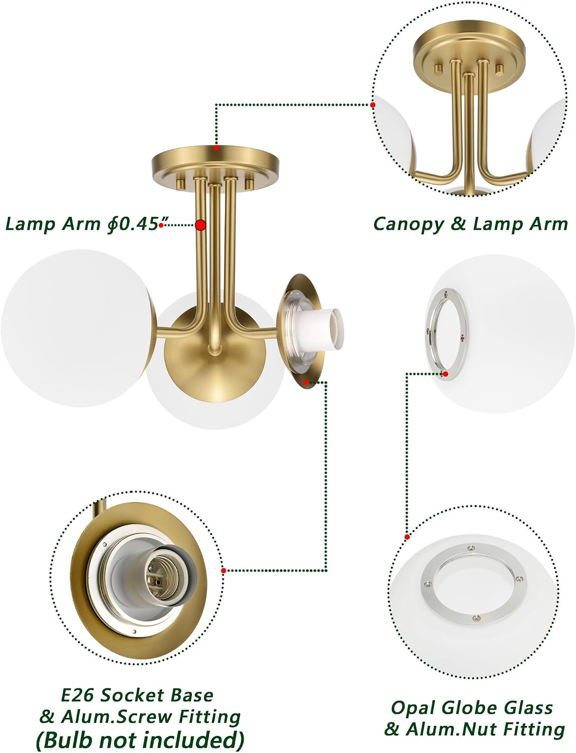 3 Light Semi Flush Mount Ceiling Light Fixture Aged Brass, Modern Globe Chandelier, Sputnik Farmhouse Lighting for Kitchen Bedroom Bathroom Living Room Corridor Laundry Room Bar …
