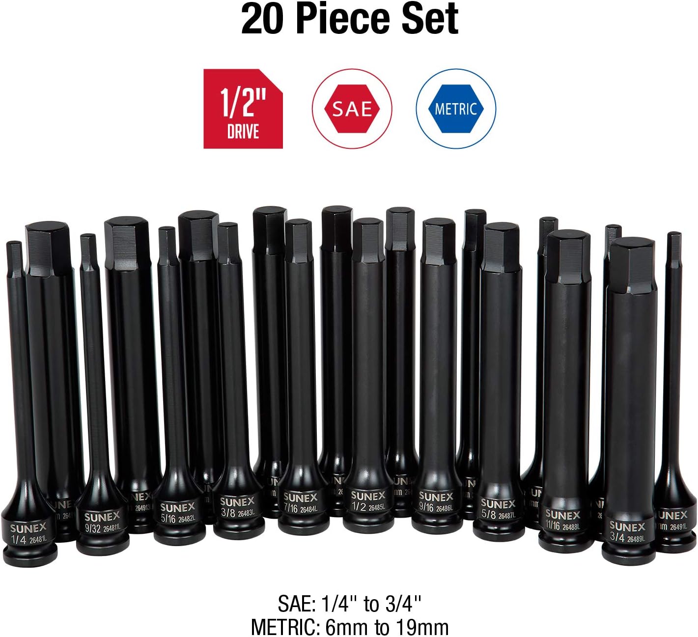 SUNEX TOOLS 2637L 20pc 1/2' Drive Impact Hex Driver Master Set 6in. ¼' to 9/32' and 6mm to 17mm, ,