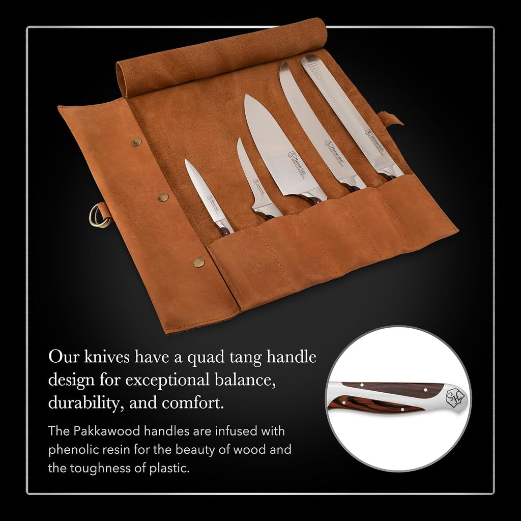 Hammer Stahl BBQ Knife Set | 5 Knives with Engraved Leather Roll | The Essential Barbecue Tools | High Carbon German Forged Stainless Steel Blades