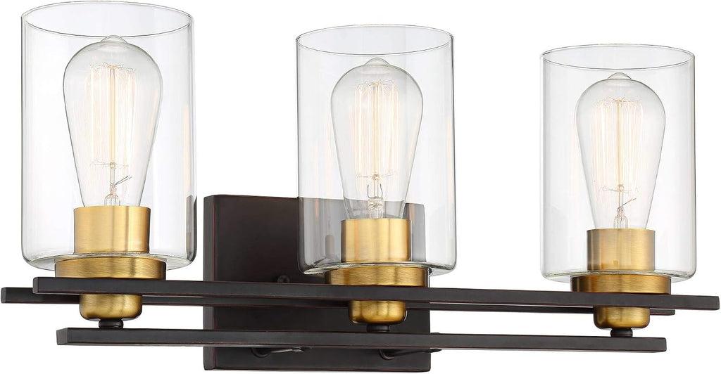 Possini Euro Design Demy Vintage Industrial Wall Mount Light Oil Rubbed Bronze Gold Hardwired 20' Wide 3-Light Fixture Clear Glass Cylinder Shade for Bathroom Vanity Mirror House Home Room Decor