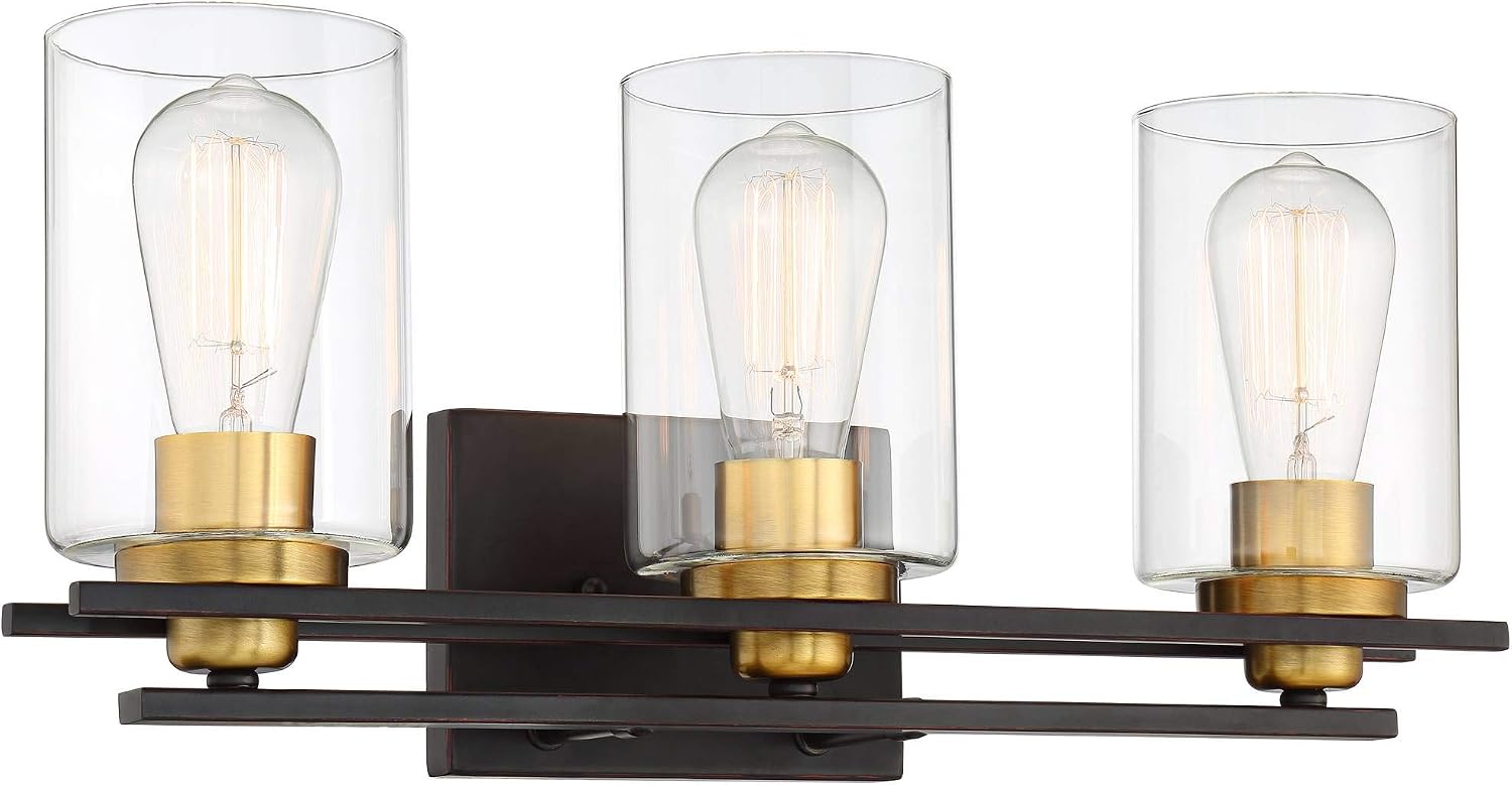 Possini Euro Design Demy Vintage Industrial Wall Mount Light Oil Rubbed Bronze Gold Hardwired 20' Wide 3-Light Fixture Clear Glass Cylinder Shade for Bathroom Vanity Mirror House Home Room Decor