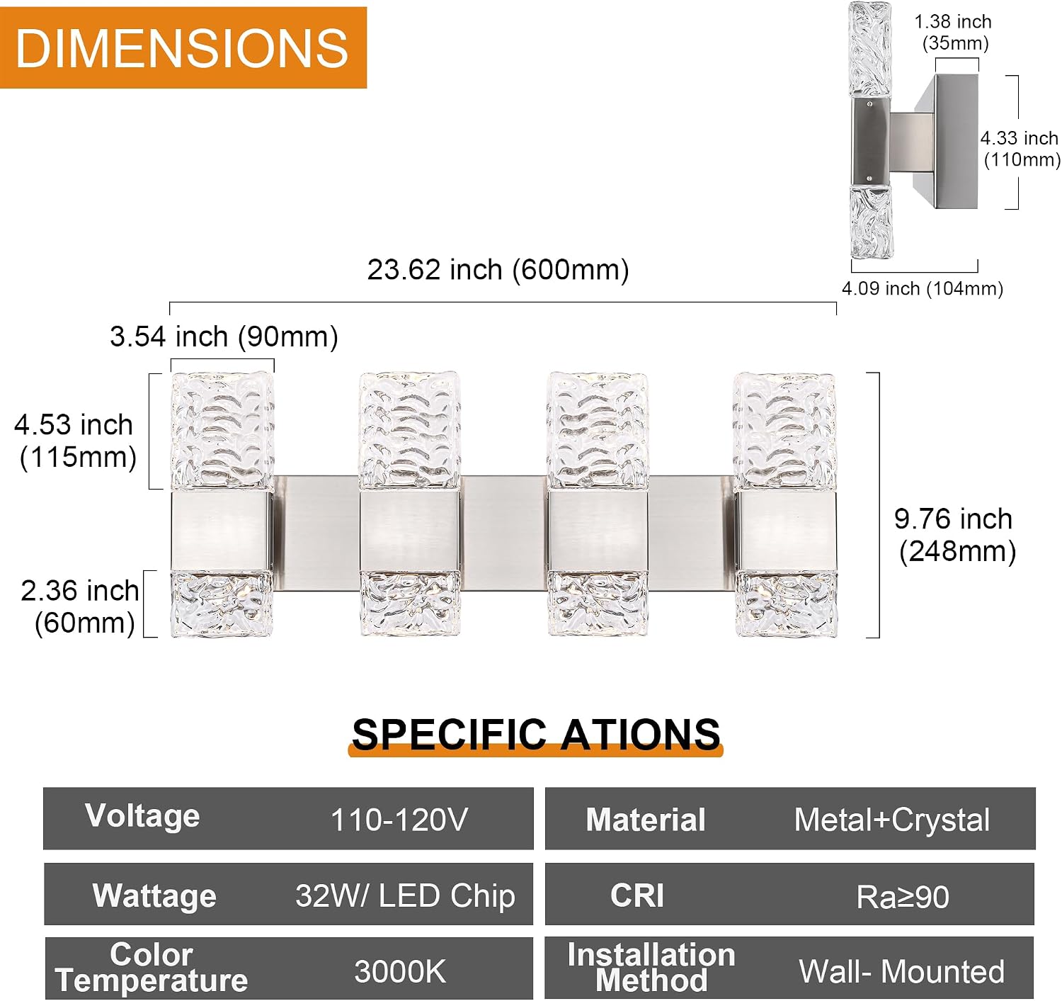 LED 32W 4 Light Vanity Wall Lighting in Brushed Nickel Finish, Indoor Bathroom Lighting with Crystal Lampshade Wall Mounted Lights Fixtures for Modern Bathroom Decor