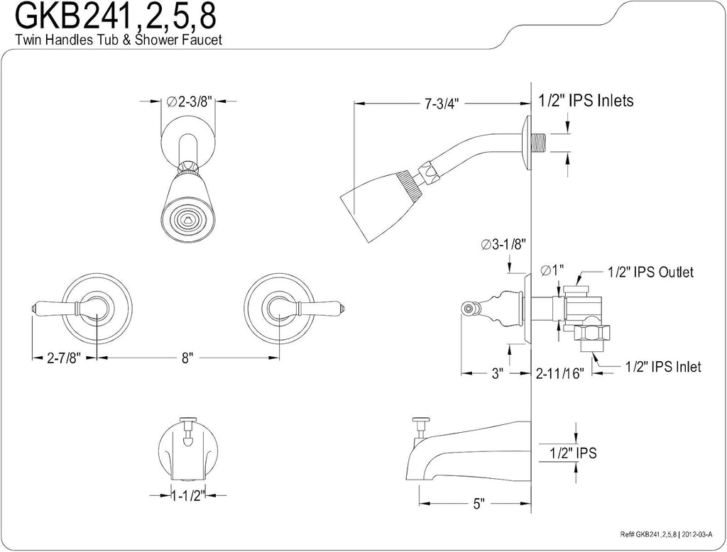 Kingston Brass GKB248 Magellan Tub and Shower Faucet with Two Handles, Brushed Nickel 11.68 x 8 x 7.38